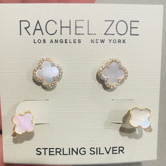 New Rachel Zoe White Pearl Crystal Clover 18k Gold Plated Silver 2 Pair Earrings - Picture 1 of 7
